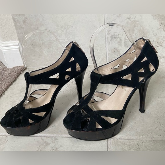 Vintage Bruno Magli Black Suede Open Toe Stiletto Platform Heels Sz 37& 1/2 US 7 - Picture 9 of 14